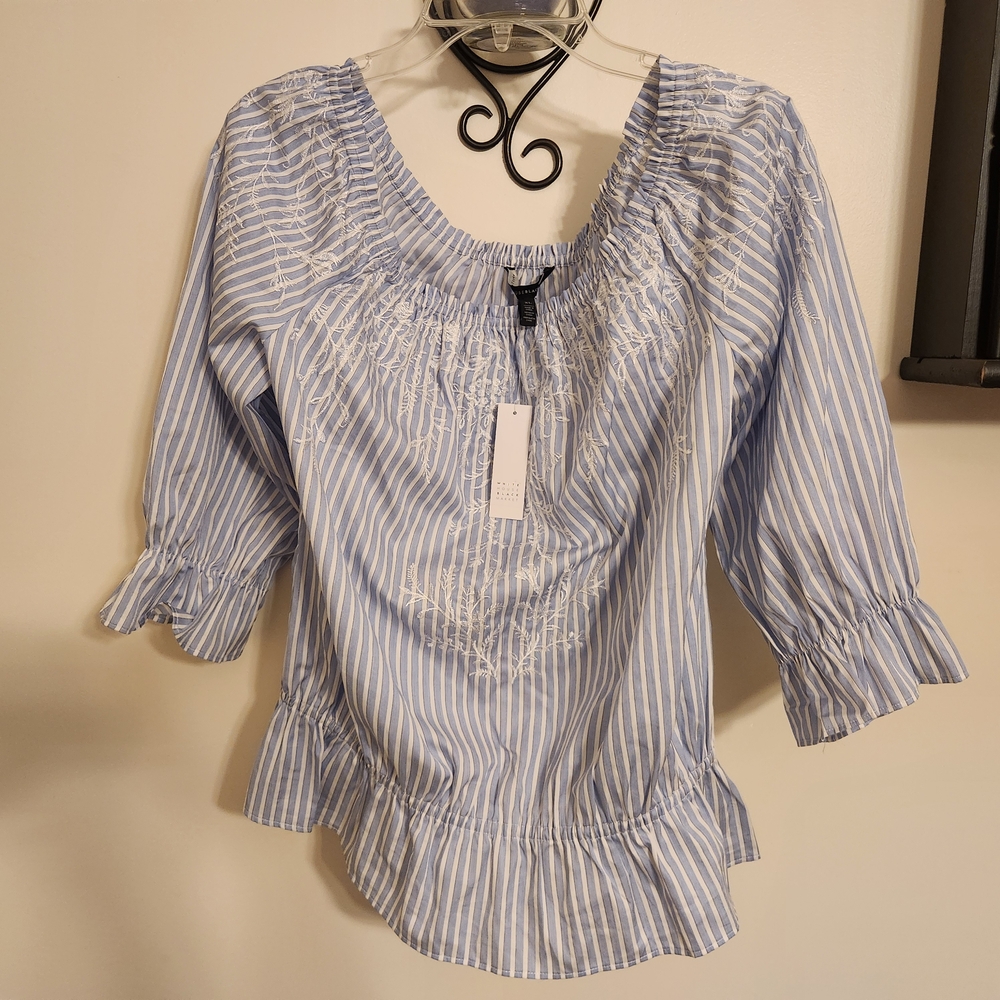 White House Black Market Blue and White Striped Blouse With Embroidered Detail